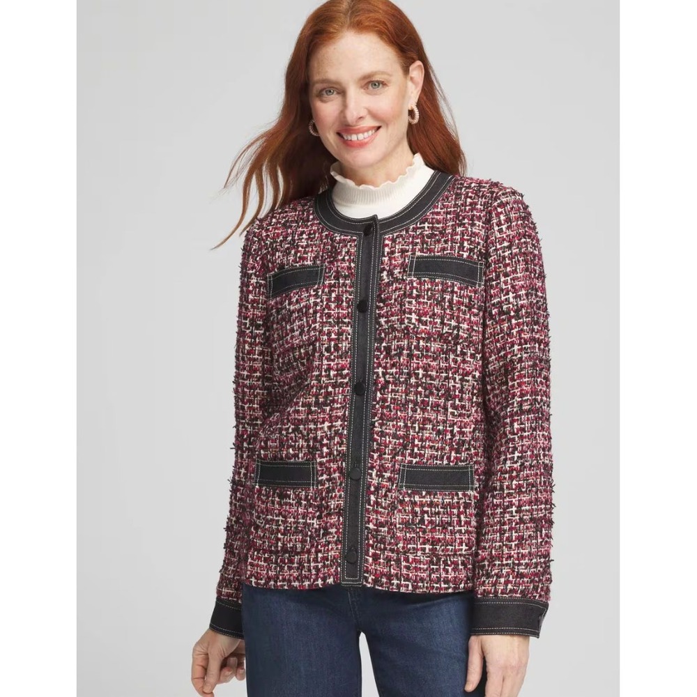 Chico's Blazer Jacket Womens 1 M Medium Tweed Denim Trim Red 570378666 NEW